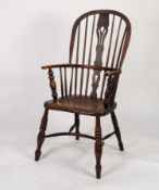 MID NINETEENTH CENTURY ELM AND ASH HIGH BACK WINDSOR OPEN ARMCHAIR, of typical form with pierced