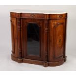 MID VICTORIAN MARQUETRY INLAID WALNUT SMALL MARBLE TOPPED CREDENZA, the moulded and shaped, white