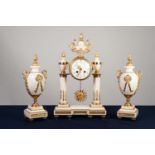 A LATE NINETEENTH/EARLY TWENTIETH CENTURY FRENCH WHITE ALABASTER GILDED BRASS MOUNTED CLOCK