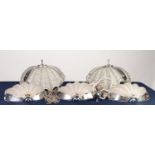 PAIR OF ART DECO STYLE CHROME AND MOULDED, FROSTED GLASS ?SHELL? CEILING LIGHT SHADES, AND A