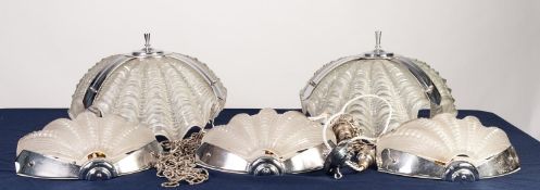 PAIR OF ART DECO STYLE CHROME AND MOULDED, FROSTED GLASS ?SHELL? CEILING LIGHT SHADES, AND A