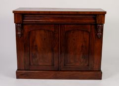 VICTORIAN FIGURED WALNUT SIDE CABINET, grain painted to rosewood, the oblong top above a cushion