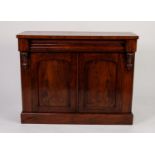 VICTORIAN FIGURED WALNUT SIDE CABINET, grain painted to rosewood, the oblong top above a cushion