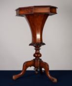 VICTORIAN CARVED AND FIGURED WALNUT LADY?S OCTAGONAL WORK TABLE, the moulded and hinged top