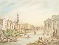ALLEN T (TWENTIETH CENTURY) PEN AND WATERCOLOUR DRAWING ?Old Blackfriars Bridge, Manchester, 1823?
