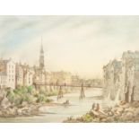 ALLEN T (TWENTIETH CENTURY) PEN AND WATERCOLOUR DRAWING ?Old Blackfriars Bridge, Manchester, 1823?