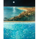 RICHARD WOOD OIL PAINTING ON CANVAS View to Malaga from villa with infinity pool in the