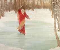 ERIC WHEELHOUSE (b.1957) OIL PAINTING ON CANVAS Woman skating on a frozen pond Signed and dated 1987
