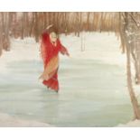 ERIC WHEELHOUSE (b.1957) OIL PAINTING ON CANVAS Woman skating on a frozen pond Signed and dated 1987