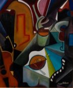MOHAMED LAABRI ZAIDANE (Tangiers b.1976) ACRYLIC ON CANVAS Cubist style still lifeSigned lower right