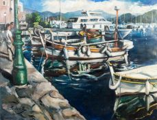 ROD JORDAN (TWENTIETH/ TWENTY FIRST CENTURY) SUITE OF FOUR ACRYLIC PAINTING Moored boats at St