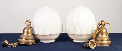 PAIR OF CONTINENTAL ART DECO OPAQUE WHITE GLASS AND BRASS CEILING LIGHTS, each with moulded shade