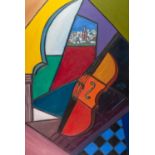 MOHAMED LAABRI ZAIDANE (Tangiers b.1976) OIL ON CANVAS Cubist style still life with violinSigned and