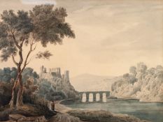 ATTRIBUTED TO JOHN GLOVER (1795-1832) WATERCOLOUR River landscape with stone bridge and castle