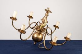 MODERN DUTCH STYLE BRASS SIX LIGHT ELECTROLIER, of typical form with scroll arms and etched glass