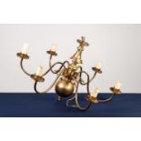 MODERN DUTCH STYLE BRASS SIX LIGHT ELECTROLIER, of typical form with scroll arms and etched glass