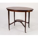 EDWARDIAN LINE INLAID AND CROSSBANDED MAHOGANY OCCASIONAL TABLE, the moulded oval top above a