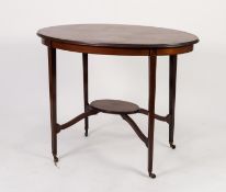 EDWARDIAN LINE INLAID AND CROSSBANDED MAHOGANY OCCASIONAL TABLE, the moulded oval top above a