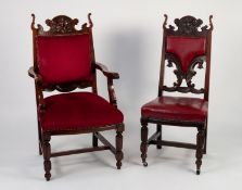 SET OF SIX (5+1) LATE NINETEENTH CENTURY CARVED WALNUT HIGH BACK DINING CHAIRS, each with green