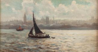 ARTHUR COX (1840/44-1917) OIL PAINTING ON BOARD Estuary scene with steam boat and sailing barge