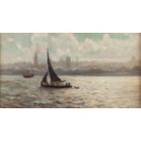 ARTHUR COX (1840/44-1917) OIL PAINTING ON BOARD Estuary scene with steam boat and sailing barge