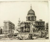 SIDNEY FERRIS ARTIST SIGNED ORIGINAL ETCHING 'St Pauls Cathedral' with adjacent bomb site Signed and