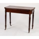 LATE GEORGIAN MAHOGANY FOLD-OVER TEA TABLE, the rounded oblong swivel top with reeded edge, set