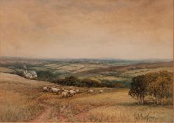 PAUL BERTRAM (1833-1901) WATERCOLOUR DRAWING Extensive landscape with sheep in the foreground and