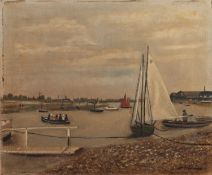 L. HORNER (TWENTIETH CENTURY) OIL ON CANVAS Estuary scene with small boats and figure Signed,