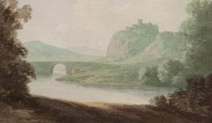 ATTRIBUTED TO JOHN WARWICK SMITH (1749-1831) WATERCOLOUR DRAWING River landscape with stone bridge