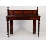 LATE NINETEENTH CENTURY OAK SIDE TABLE, the short back with four fielded panels and scrolled end