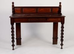 LATE NINETEENTH CENTURY OAK SIDE TABLE, the short back with four fielded panels and scrolled end