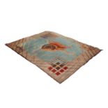 ART DECO PERIOD ENGLISH CARPET with central decorative design in shades of brown on a sky blue