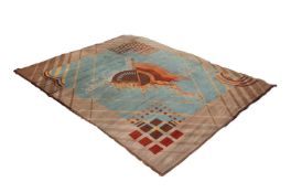 ART DECO PERIOD ENGLISH CARPET with central decorative design in shades of brown on a sky blue