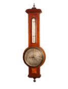 NEGRETTI & ZAMBRA, EDWARDIAN INLAID MAHOGANY ANEROID BAROMETER, the 6? silvered dial set beneath a