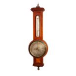 NEGRETTI & ZAMBRA, EDWARDIAN INLAID MAHOGANY ANEROID BAROMETER, the 6? silvered dial set beneath a