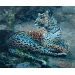 ROLF HARRIS (b.1930) ARTIST SIGNED LIMITED EDITION COLOUR PRINT ?Leopard Reclining at Dusk?, (39/