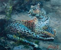 ROLF HARRIS (b.1930) ARTIST SIGNED LIMITED EDITION COLOUR PRINT ?Leopard Reclining at Dusk?, (39/