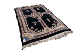 HEAVY QUALITY WASHED CHINESE LARGE RUG, with black field with pierced gallery pattern border and