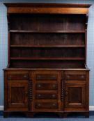 LATE NINETEENTH CENTURY OAK, MAHOGANY AND FRUITWOOD DRESSER, the three tier plate rack with