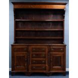 LATE NINETEENTH CENTURY OAK, MAHOGANY AND FRUITWOOD DRESSER, the three tier plate rack with