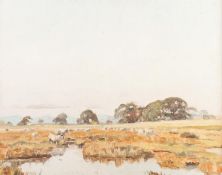 JAMES HARGREAVES MORTON (1881-1918) OIL PAINTING ON BOARD ?Sheep by the Water? Unsigned, labelled