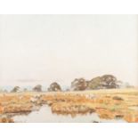 JAMES HARGREAVES MORTON (1881-1918) OIL PAINTING ON BOARD ?Sheep by the Water? Unsigned, labelled