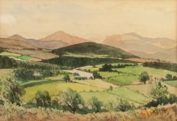 PERCIVAL HALL (TWENTIETH CENTURY) WATERCOLOUR DRAWING Rural landscape with hills in the distance