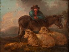 UNATTRIBUTED (NINETEENTH CENTURY) OIL PAINTING ON PANEL Man with donkey and two sheep Unsigned