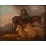 UNATTRIBUTED (NINETEENTH CENTURY) OIL PAINTING ON PANEL Man with donkey and two sheep Unsigned