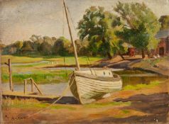 THOMAS ALFRED CLARKE TWO OIL PAINTINGS ON CANVAS Small beached sailing craft at low tide, signed