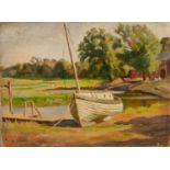 THOMAS ALFRED CLARKE TWO OIL PAINTINGS ON CANVAS Small beached sailing craft at low tide, signed