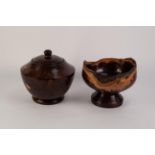 TURNED DARK BURRWOOD LARGE FOOTED BOWL AND COVER, 8? (20.3cm) high, together with a SIMILAR PEDESTAL