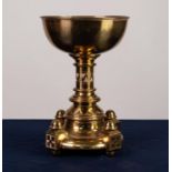 VICTORIAN HEAVY BRASS BAPTISMAL FONT IN THE GOTHIC REVIVAL STYLE, the plain dish on a heavy, short